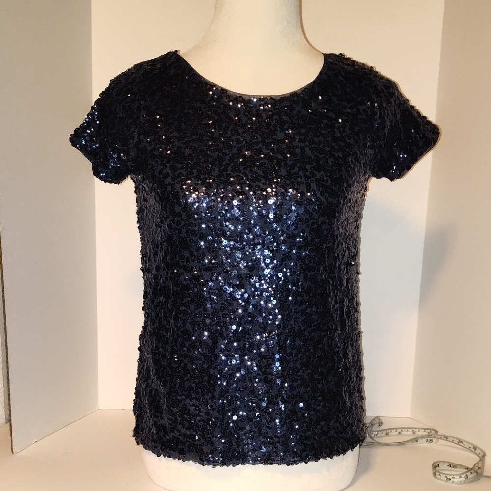 White House Black Market Size XXS Short Sleeve Sequin Knit Boxy  Dark Navy Blue